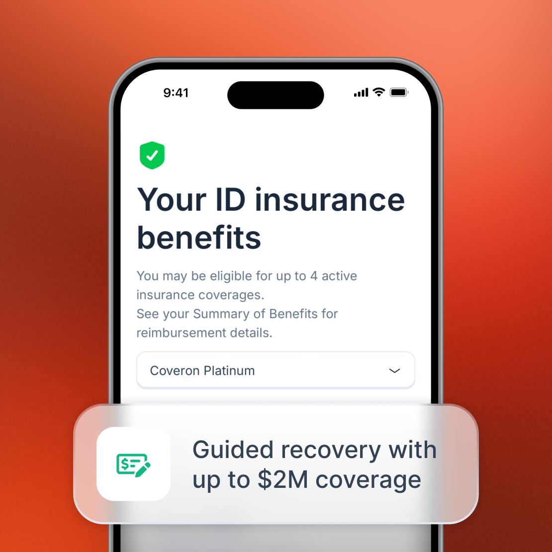 A smartphone with a Coveron app’s “Your ID insurance benefits” screen.