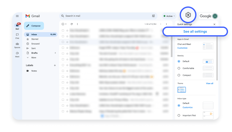 Gmail settings menu