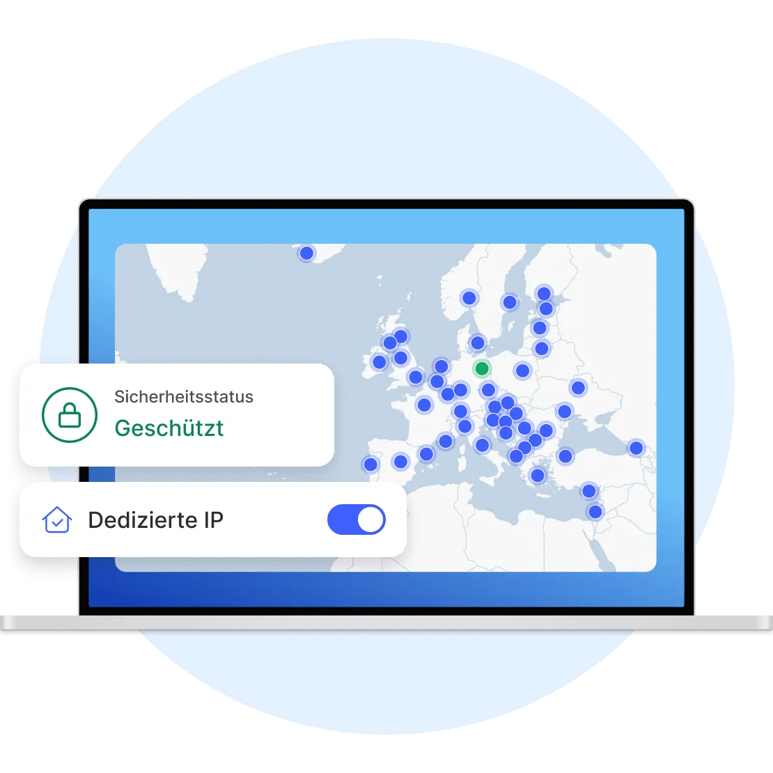 Laptop mit der NordVPN-App darauf, verbunden mit einem dedizierten IP-Server in Deutschland.