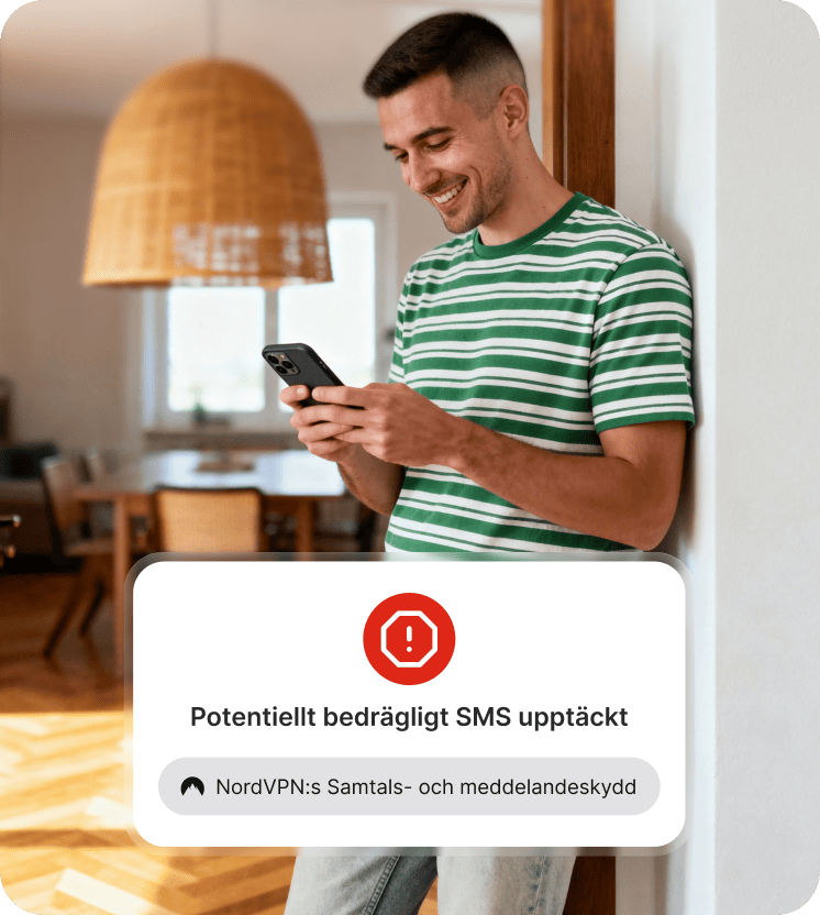 En person använder NordVPN:s samtals- och meddelandeskydd för att skydda sig mot nätfiske.