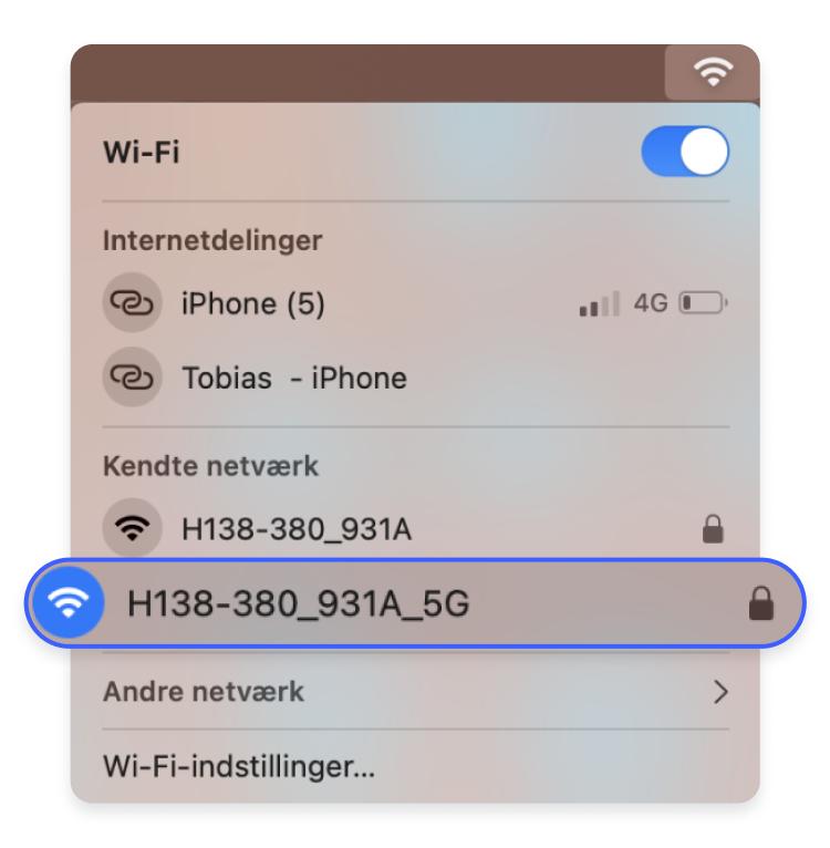 Sådan finder du SSID på macOS: Der vil være et blåt Wi-Fi-ikon ud for det netværk, som du er tilkoblet