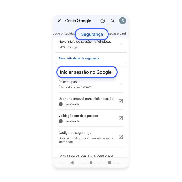 Toque na aba Segurança e depois em Iniciar sessão no Google