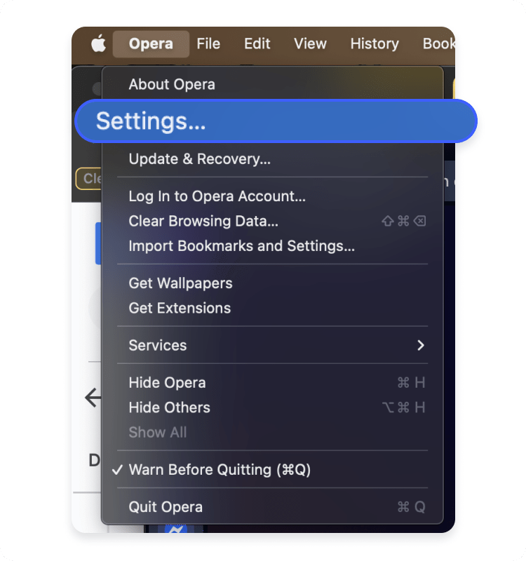 How to clear cookies on Opera step 1