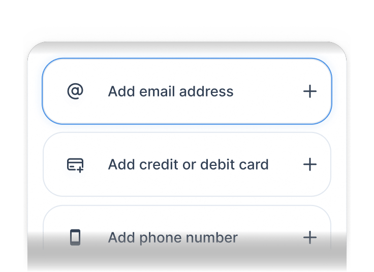 Coveron’s account setup page asking users to add their email address, credit card, and phone number.