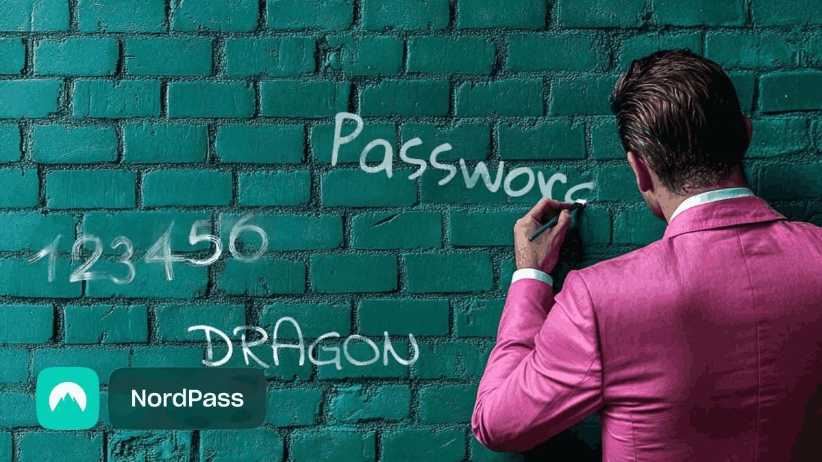 A man with a purple suit writing the most common password used in America on a white board.