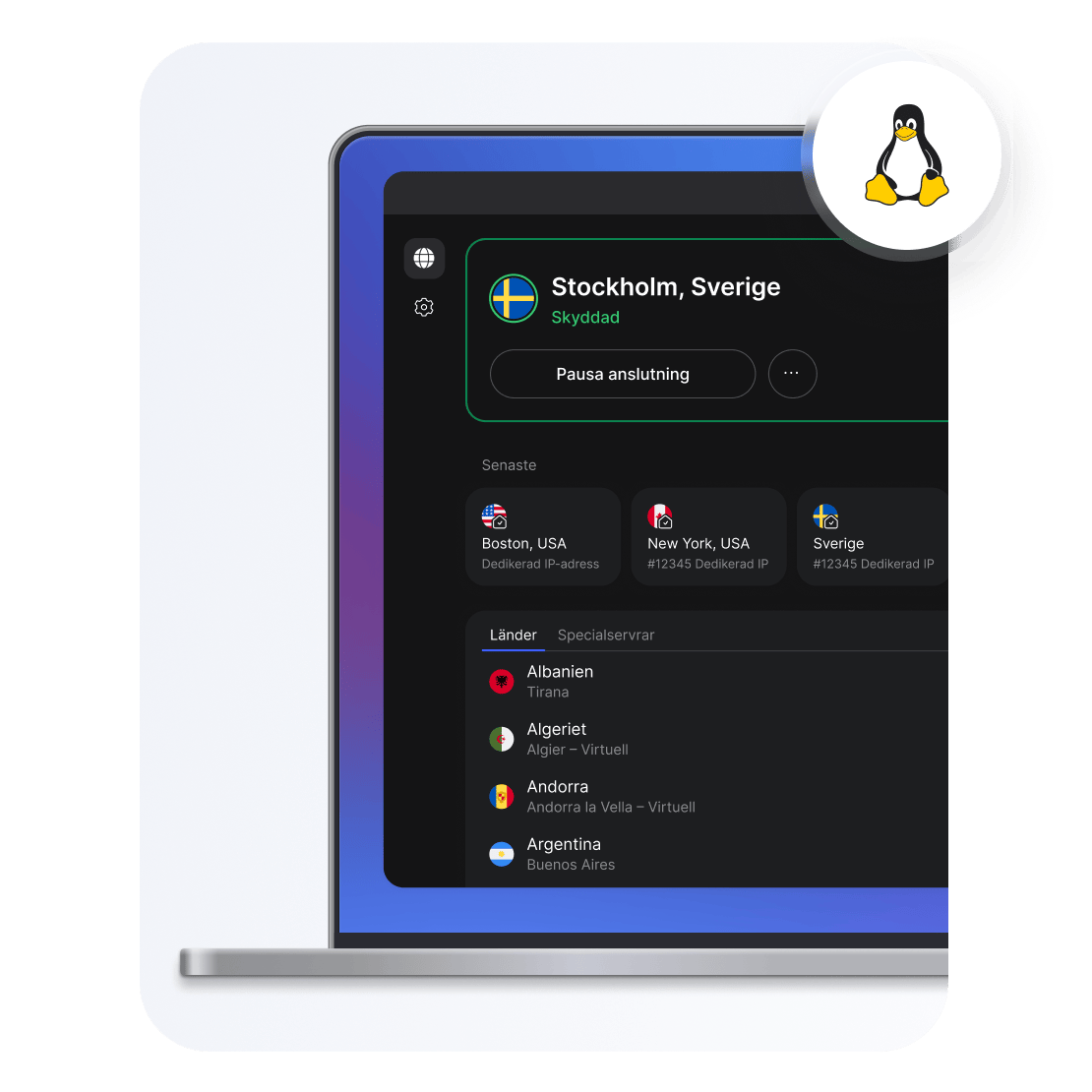 Ett sökfält i NordVPN-appen med en lista över VPN-servrar i olika länder för Linux.