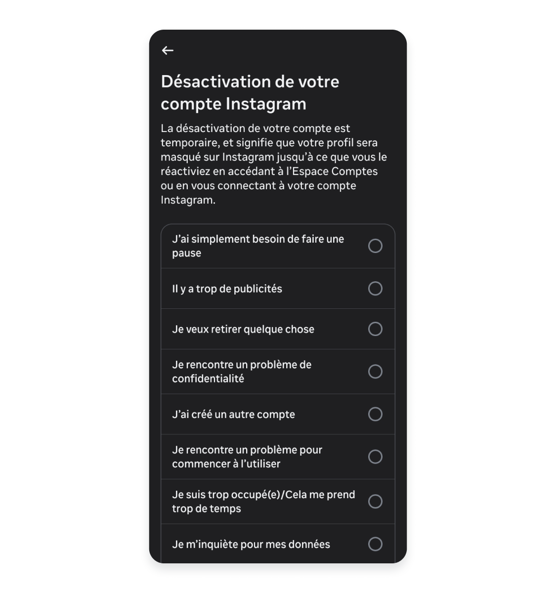 Désactivation d&#39;un compte Instagram sur mobile : confirmer le motif de désactivation du compte