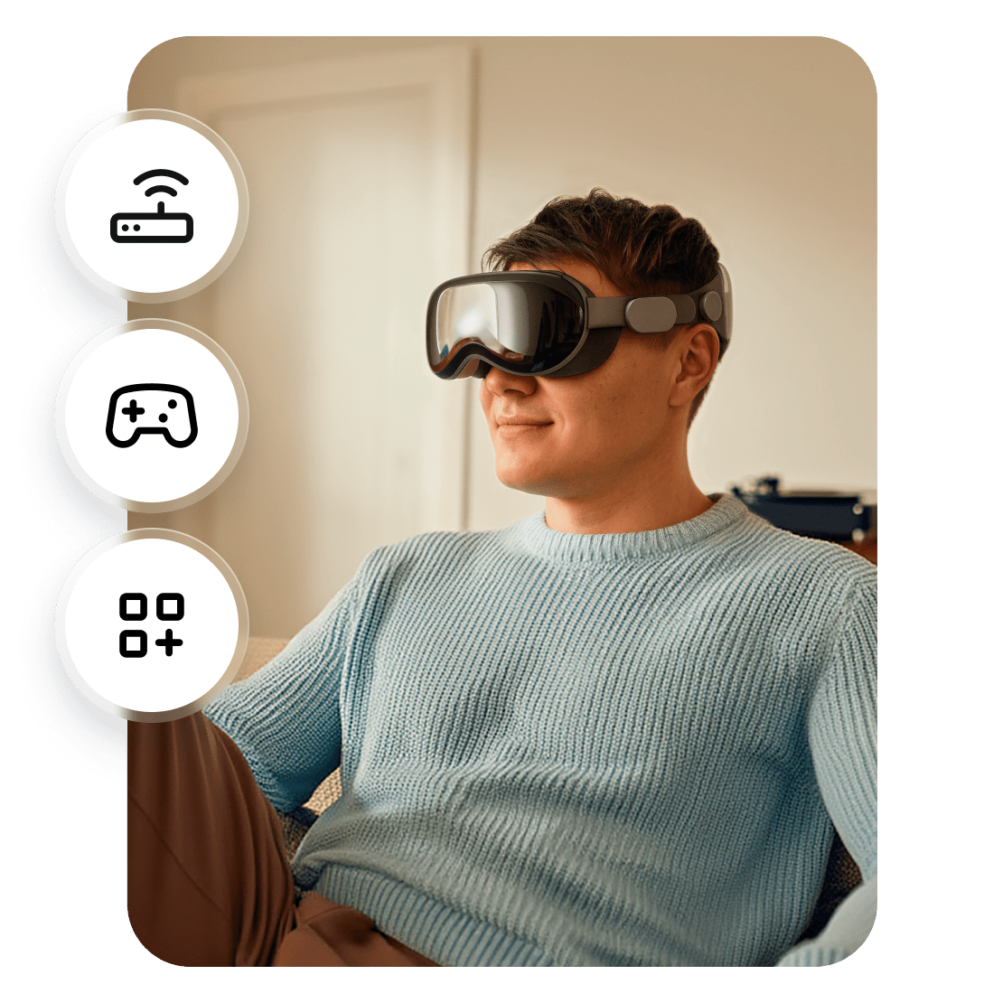 VRヘッドセットを使用している男性。周囲には、NordVPNが専用アプリなしでデバイス上で動作することを示すアイコンが表示されています。