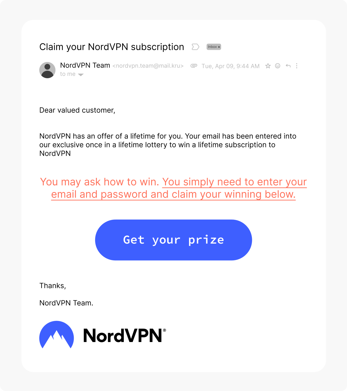 A phishing email impersonating NordVPN, with a mismatched sender address and a request for sensitive information.