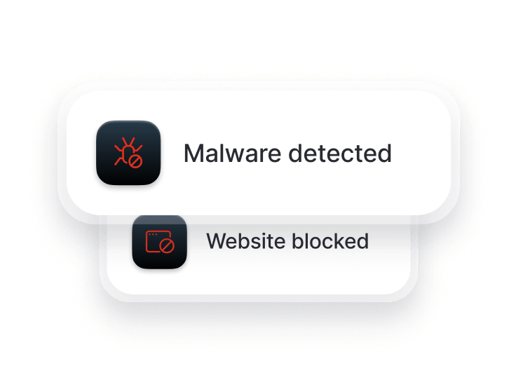 Et browserskærmbillede, der viser advarslerne “Der blev fundet malware” og “Hjemmesiden blev blokeret”.