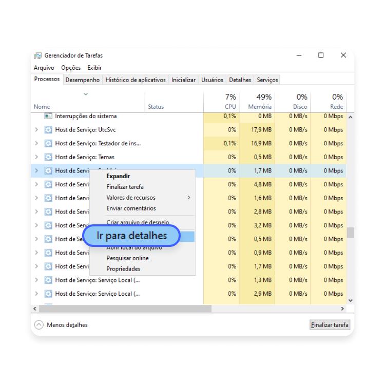 encerrar o svchost.exe: passo nº4