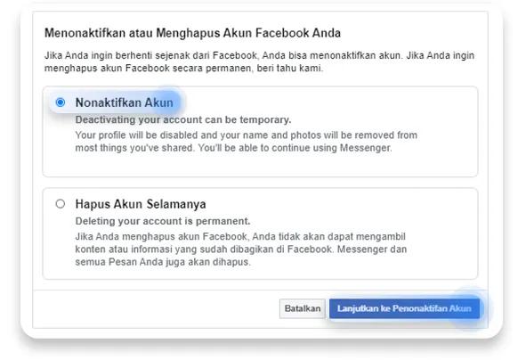 cara menonaktifkan akun facebook: langkah 5