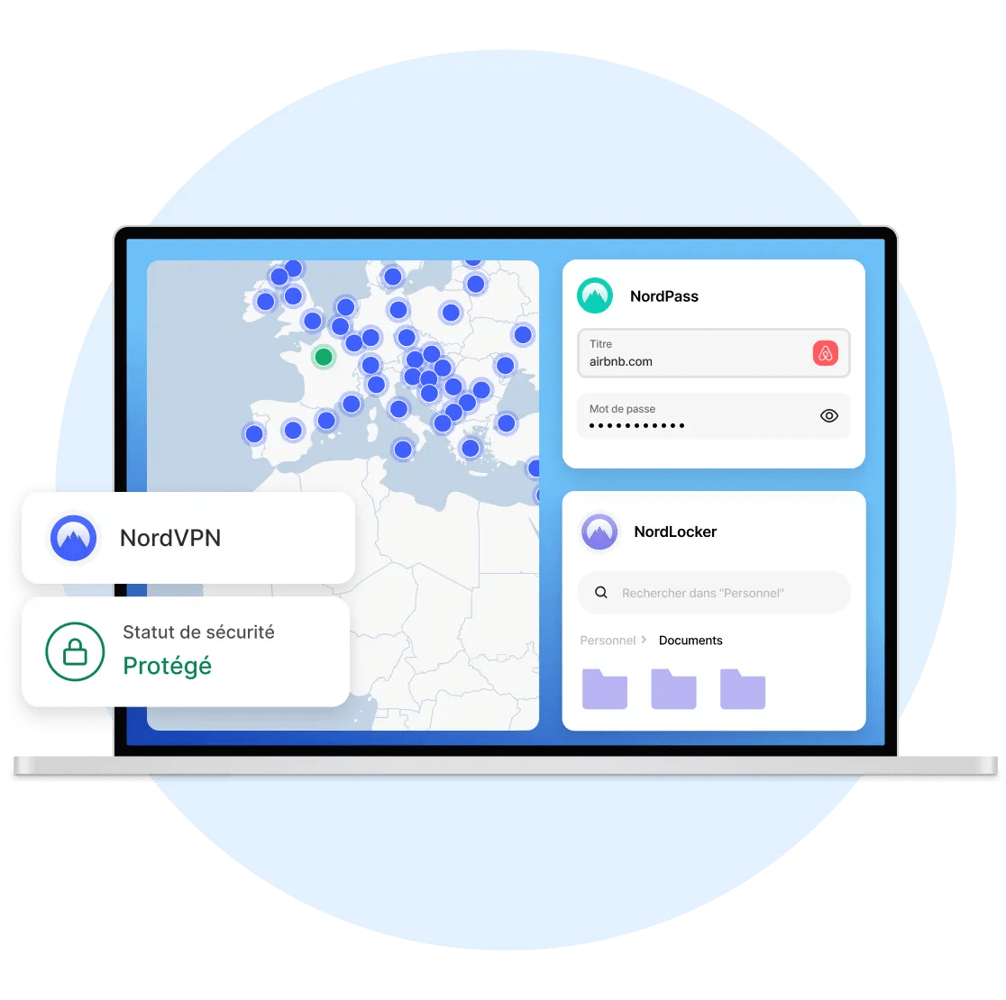 Un écran d&#39;ordinateur portable montre NordVPN, NordPass et NordLocker installés et protégeant l&#39;utilisateur.