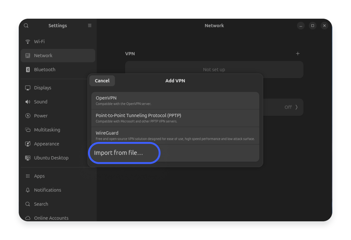 How to set up a VPN on Ubuntu using the GUI: Step 3
