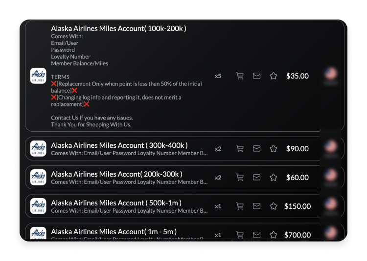 Listados de la dark web que ofrecen a la venta cuentas de aerolíneas robadas.