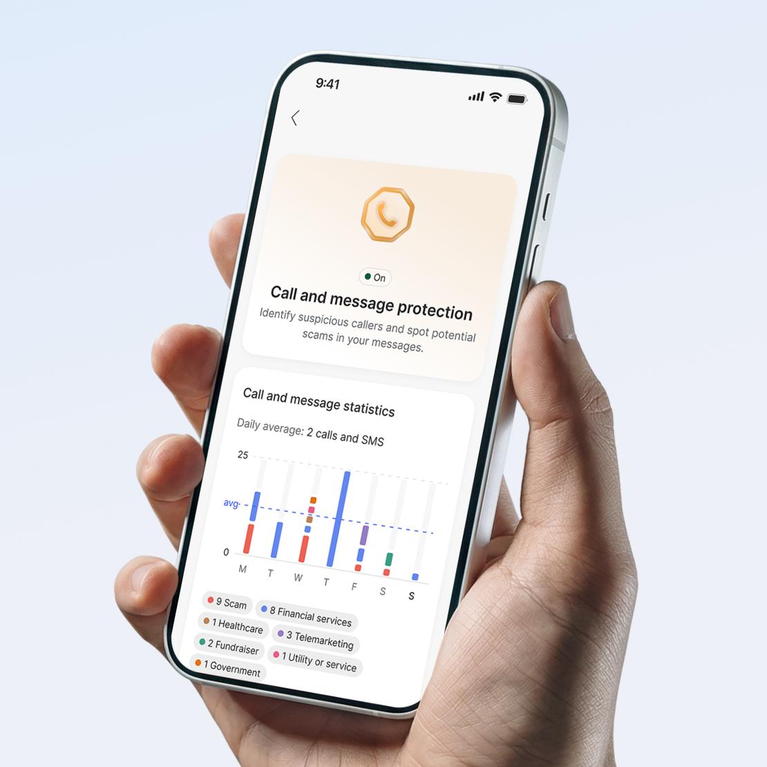 A hand holds a smartphone showing a call and message protection activity chart in the NordVPN app.