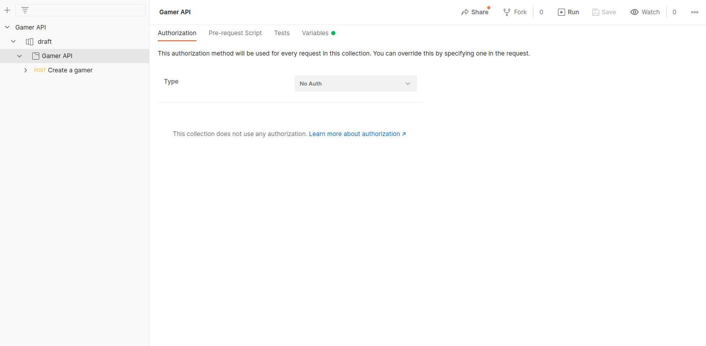 Postman showing the Gamer API collection with authorization set to No Auth.