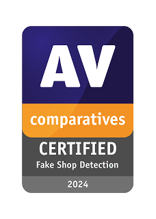 شارة الكشف عن المتاجر المزيفة من AV-Comparatives الممنوحة لـ NordVPN في عام 2024.