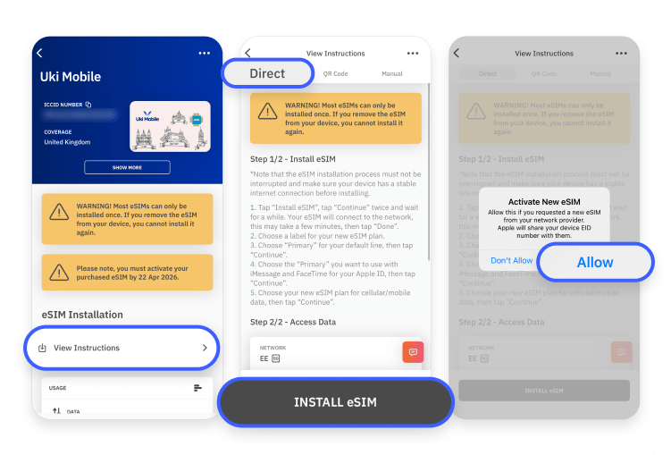 A screenshot of step 3 showing the eSIM installation process on the Airalo app.