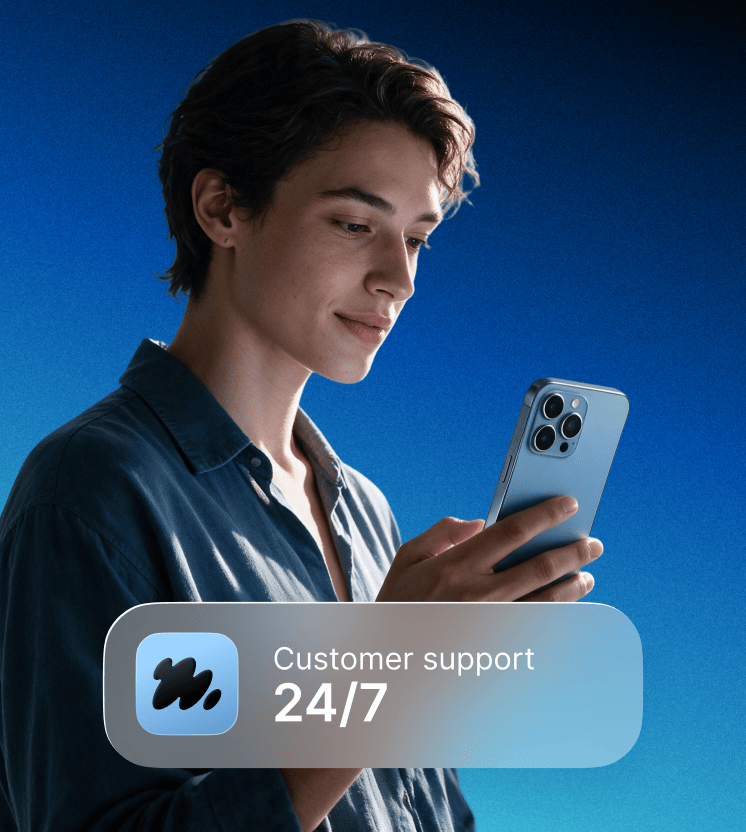 A man is contacting HangUp’s 24/7 customer support.