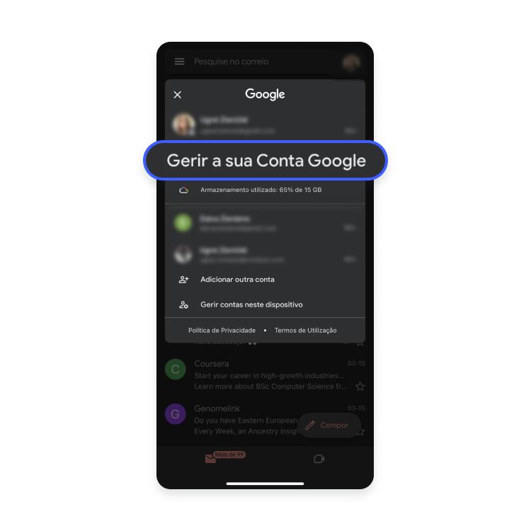 Clique em Gerir a sua Conta Google