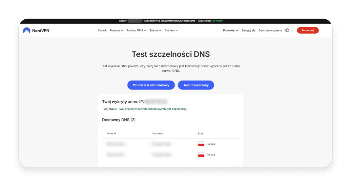 Strona darmowego DNS leak test