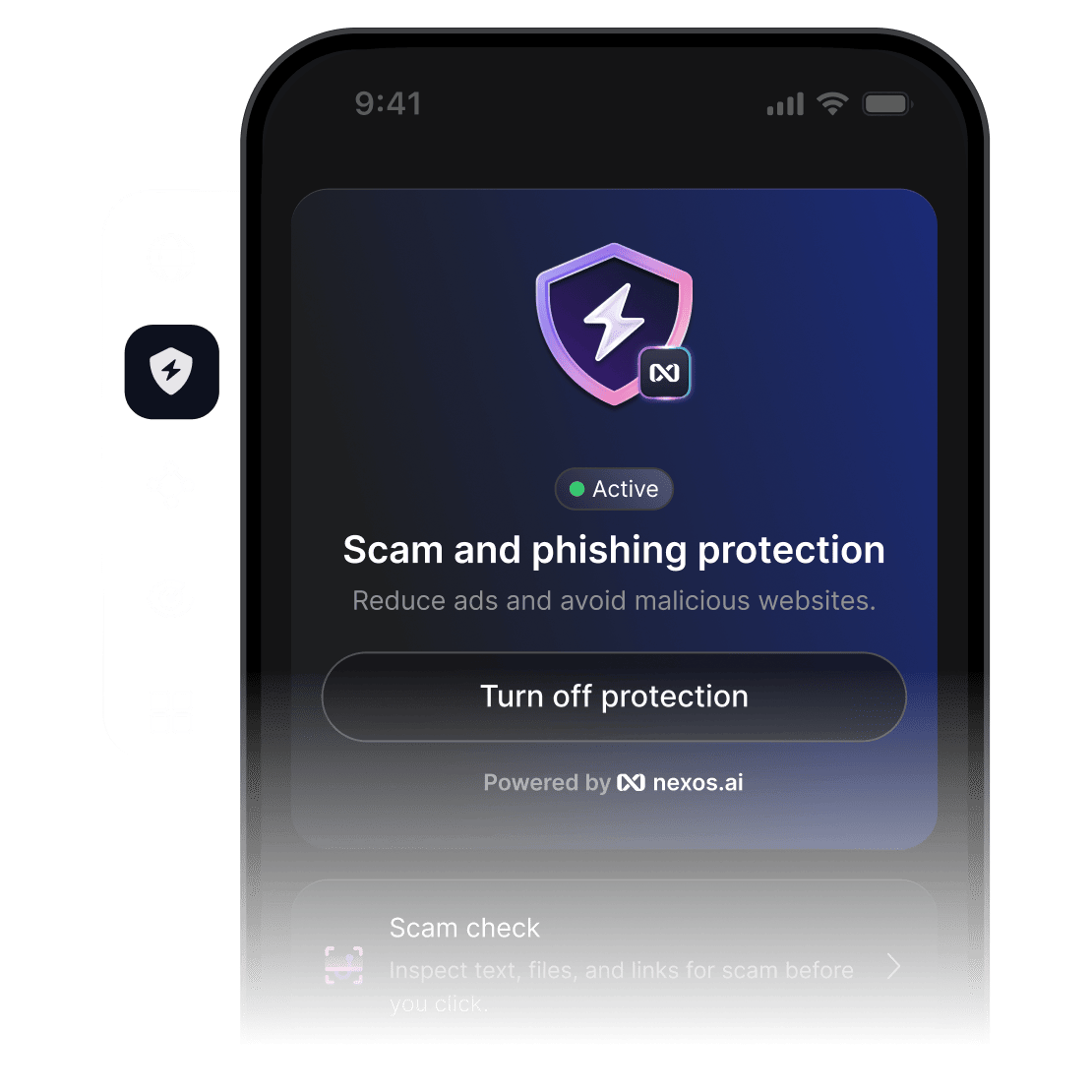 A smartphone screen with NordVPN’s app open and the scam and phishing protection feature active.