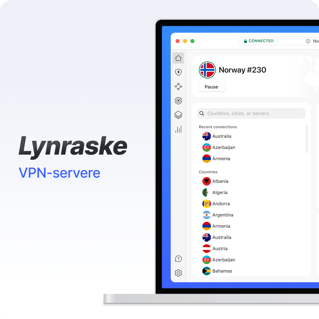 Grensesnittet til NordVPN-appen på en laptop viser en superrask VPN-tilkobling.