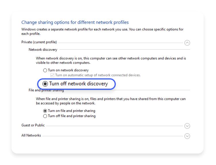 windows10 turn off network discovery
