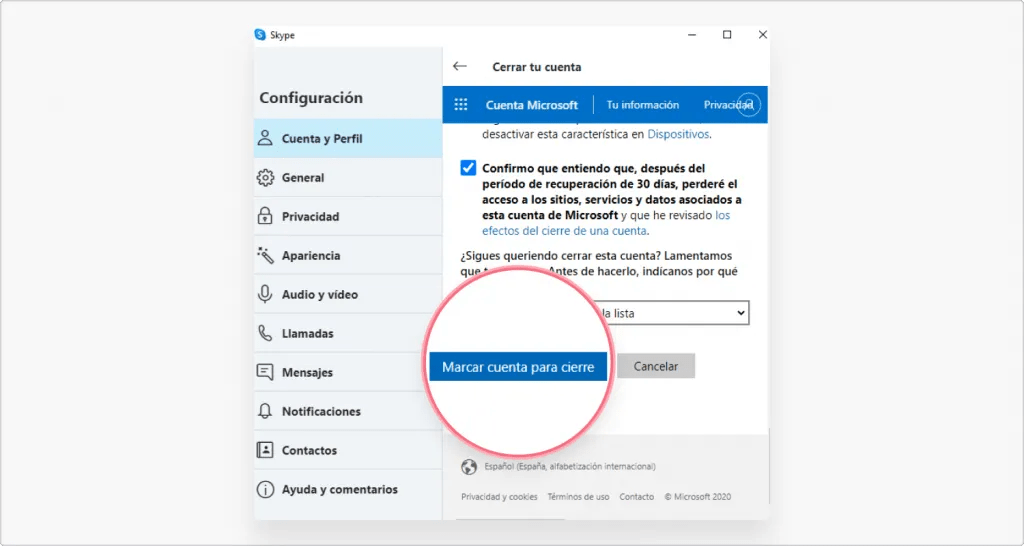 eliminar cuenta skype paso 4