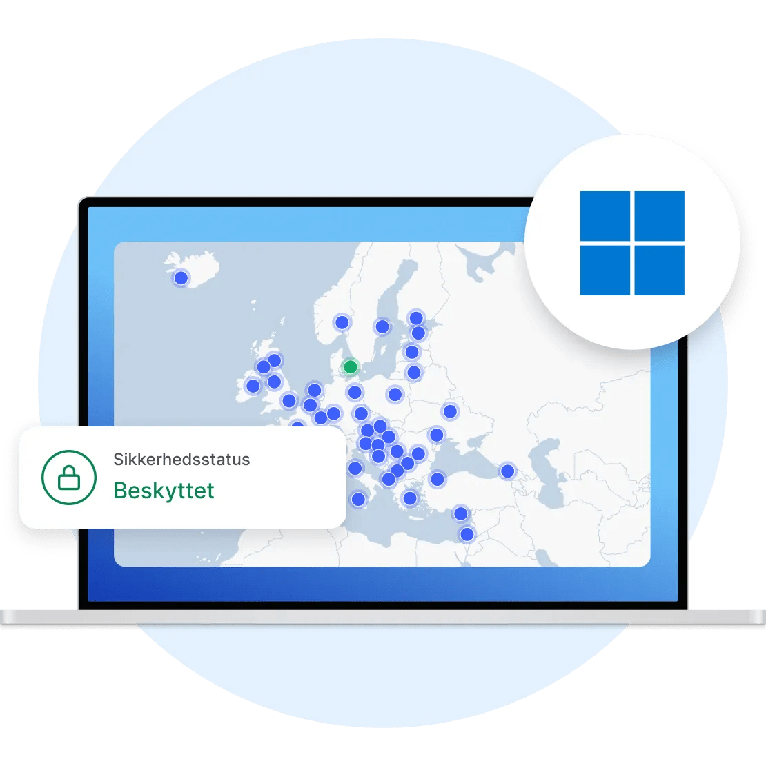 En computerskærm, der viser et VPN til Windows med tilgængelige VPN-servere i Danmark