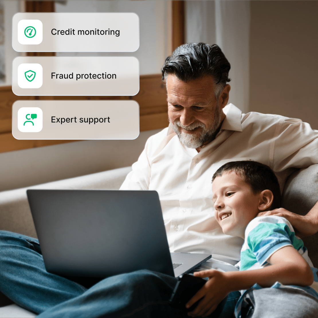 A person using Coveron on their laptop to access credit monitoring, fraud protection, and expert support features.