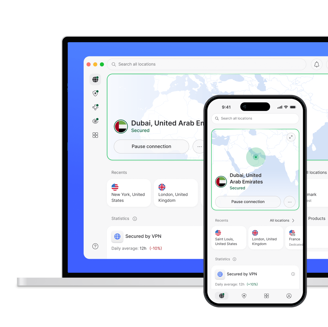 جهاز كمبيوتر محمول وهاتف ذكي، محميّان بخدمة NordVPN.