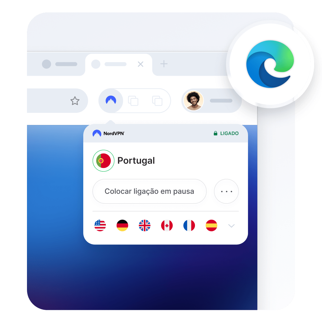 A interface da extensão proxy da NordVPN para Microsoft Edge.