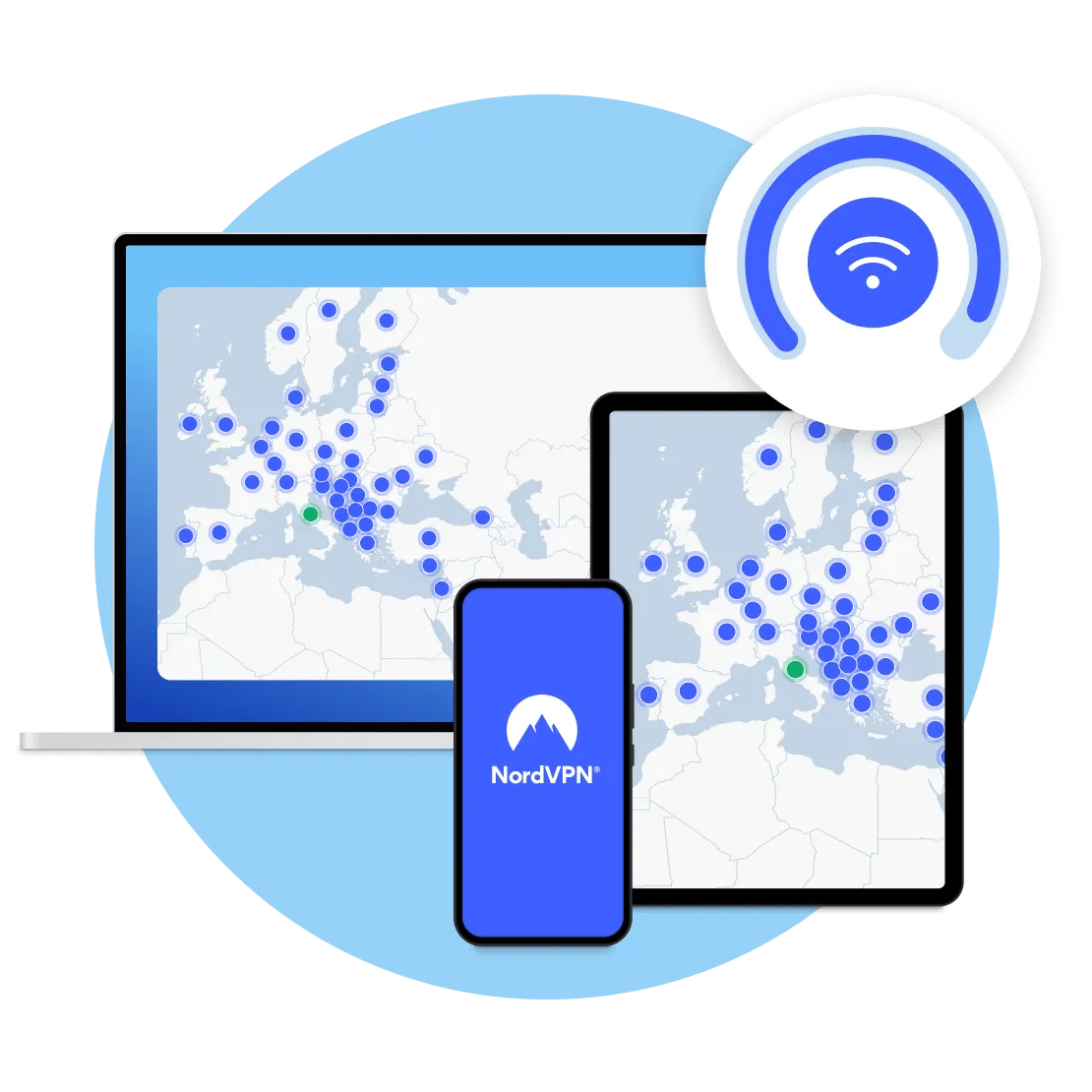 Un app di NordVPN che mostra una connessione VPN su vari dispositivi.