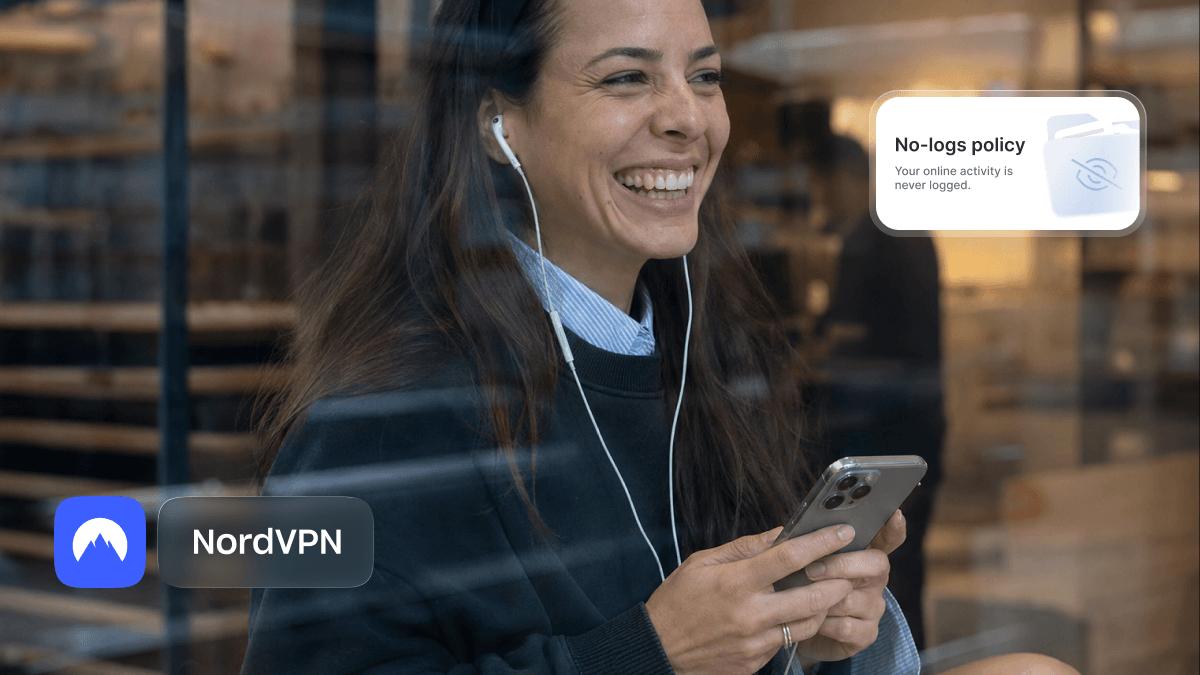 An illustrated person with a laptop beside a large number five, marking NordVPN's fifth no-logs audit.