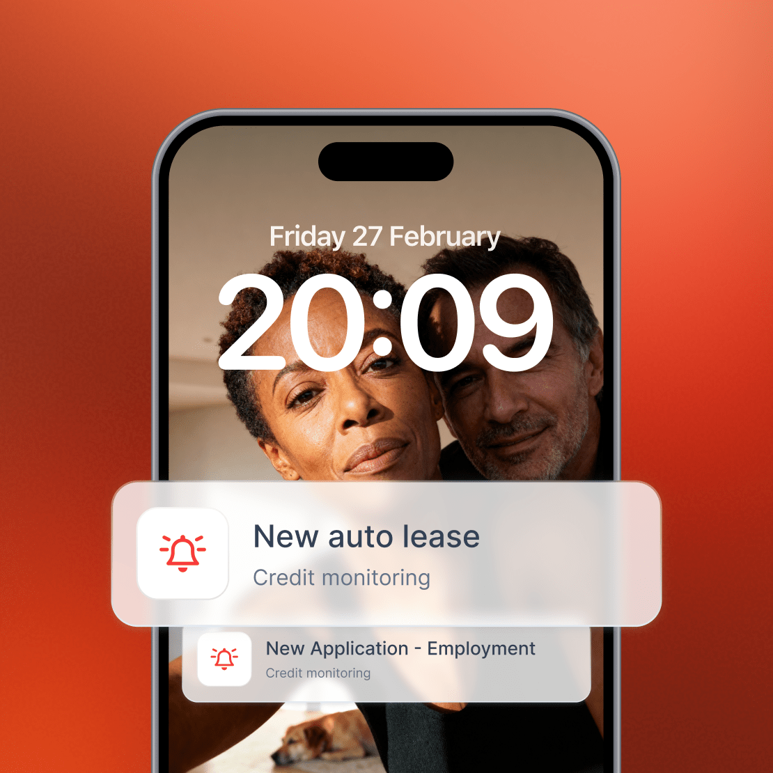 A smartphone lockscreen with Coveron’s credit monitoring alert about an unsolicited auto lease.