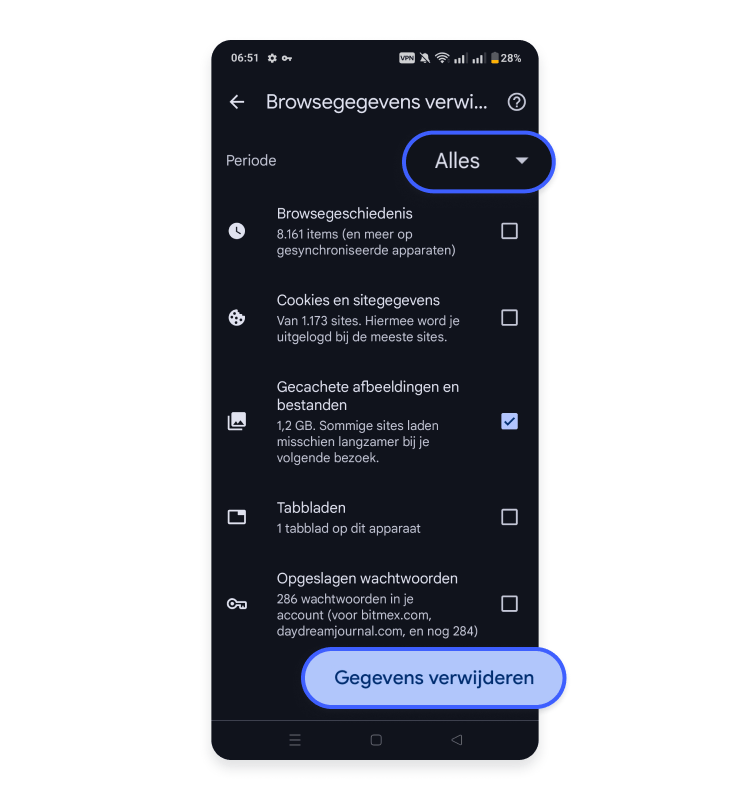 time range for clearing cached data in Chrome on Android
