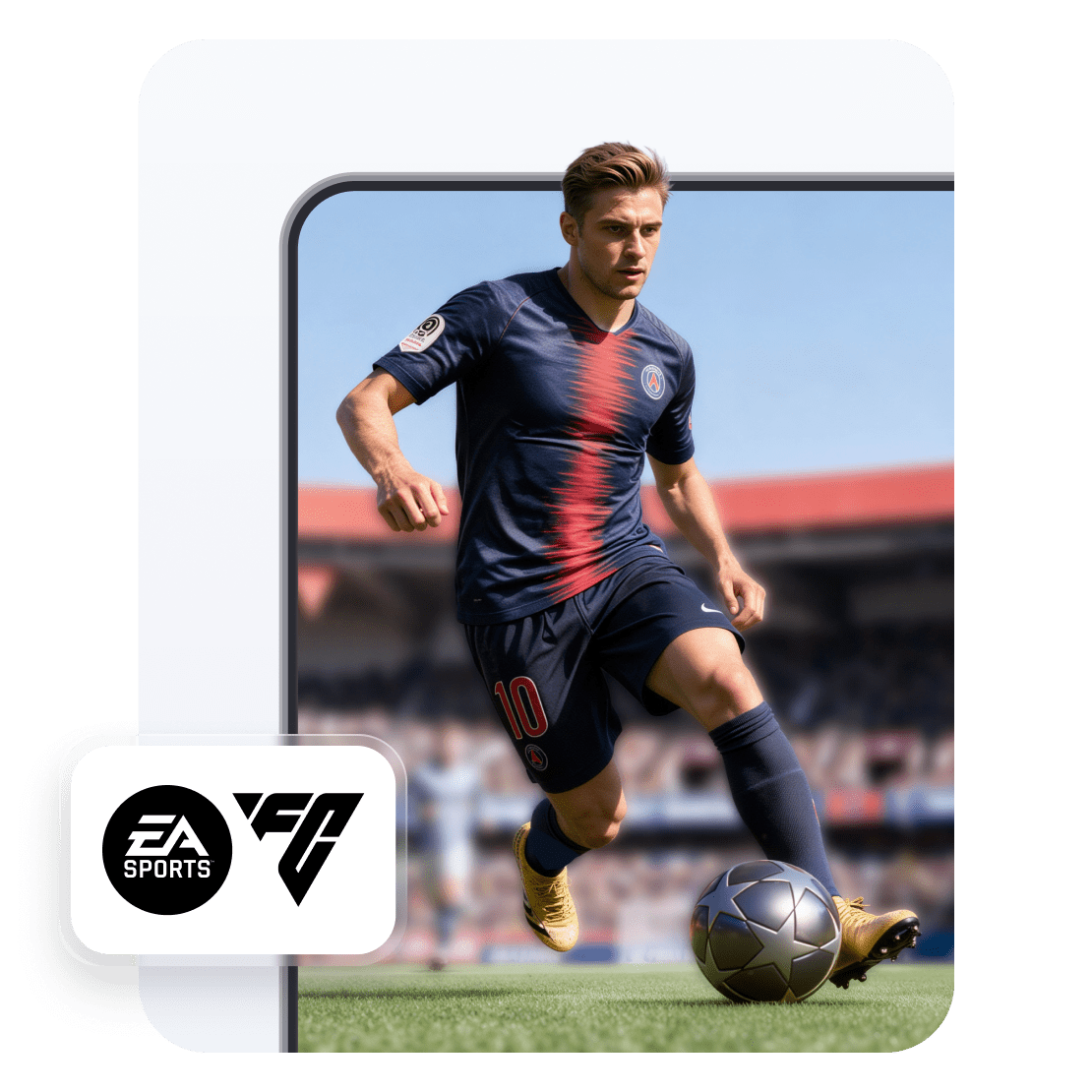 Das Logo von EA Sports FC (ehemals FIFA) neben dem Bild eines dribbelnden Fußballspielers.
