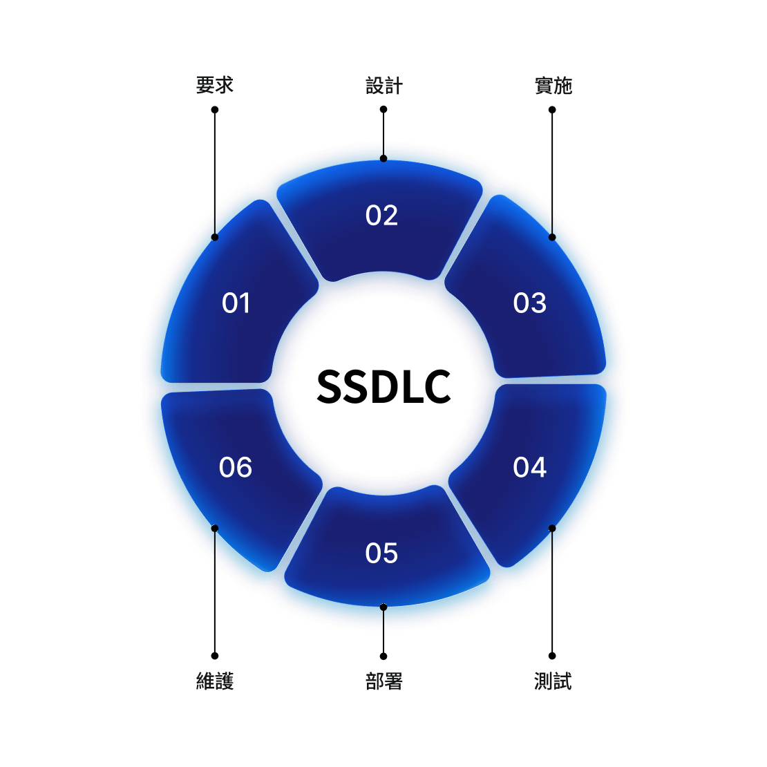 A circular visual of the secure software development lifecycle with development phases.