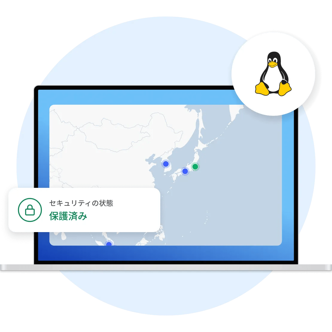 Linuxデバイス上でアクティブなNordVPNのVPNクライアントが、ユーザーの接続が暗号化されていることを示しています。