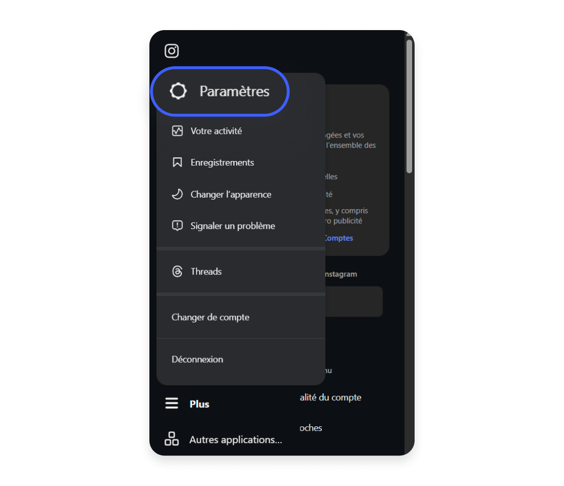 Suppression d&#39;un compte Instagram via un ordinateur : cliquer sur Paramètres