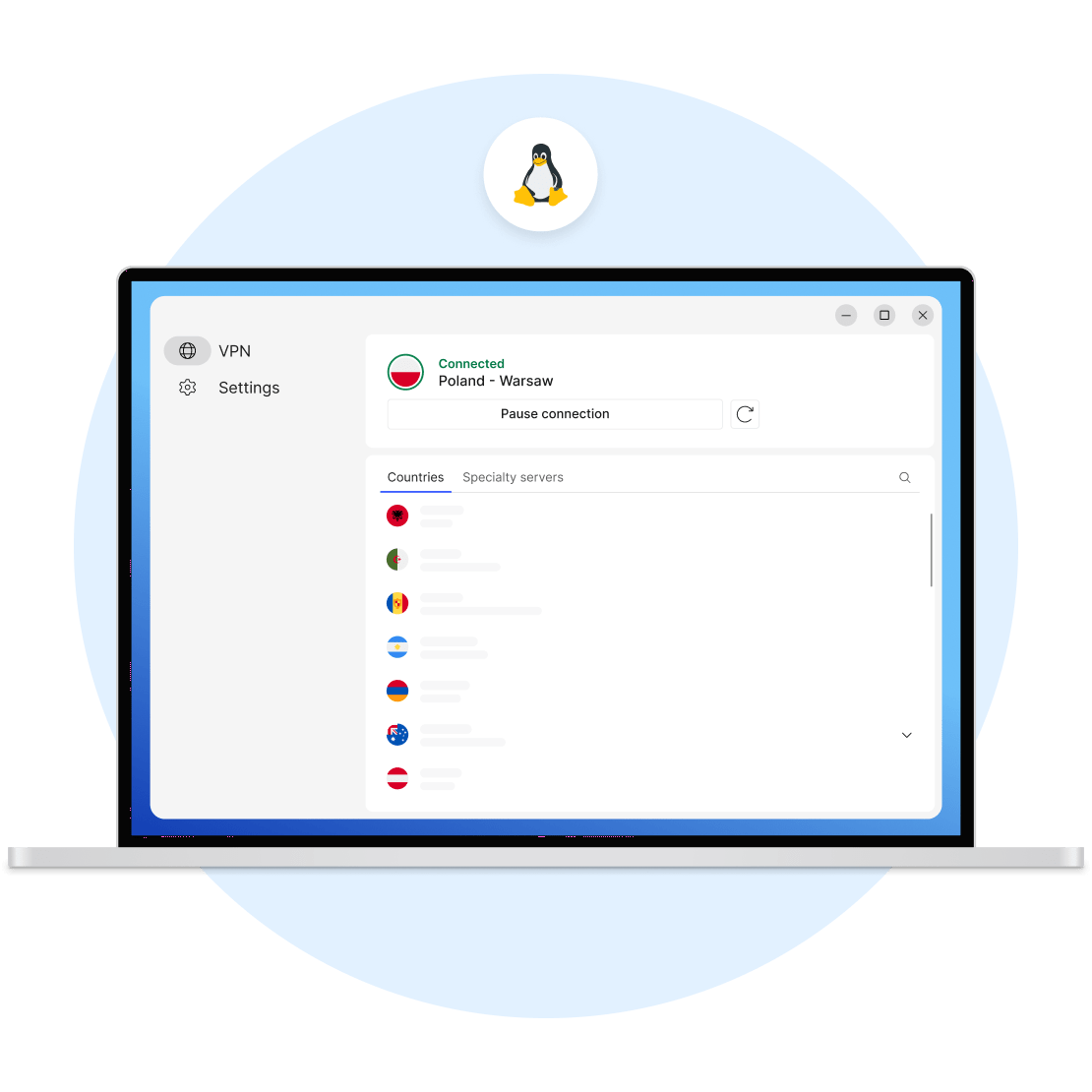 Ekran laptopa pokazujący amerykańskie serwery NordVPN — alternatywę dla darmowej sieci VPN na Linuksa.