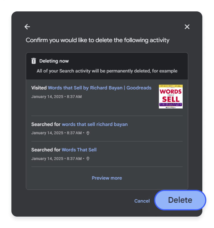 How to delete Google search history via My Google Activity: step 5