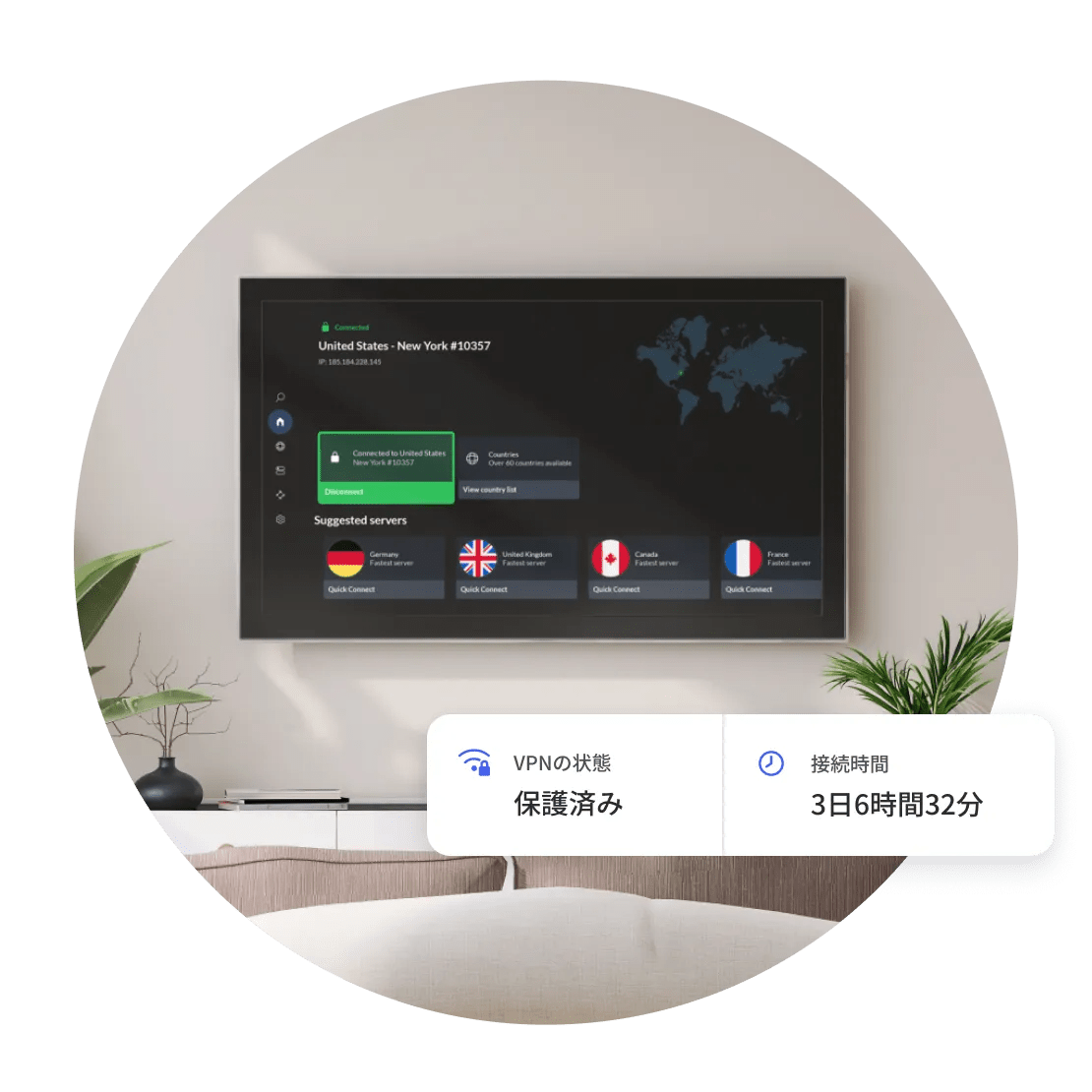NordVPNサーバーに接続されたテレビは、3日間、6時間、32分間の脅威から保護されています。
