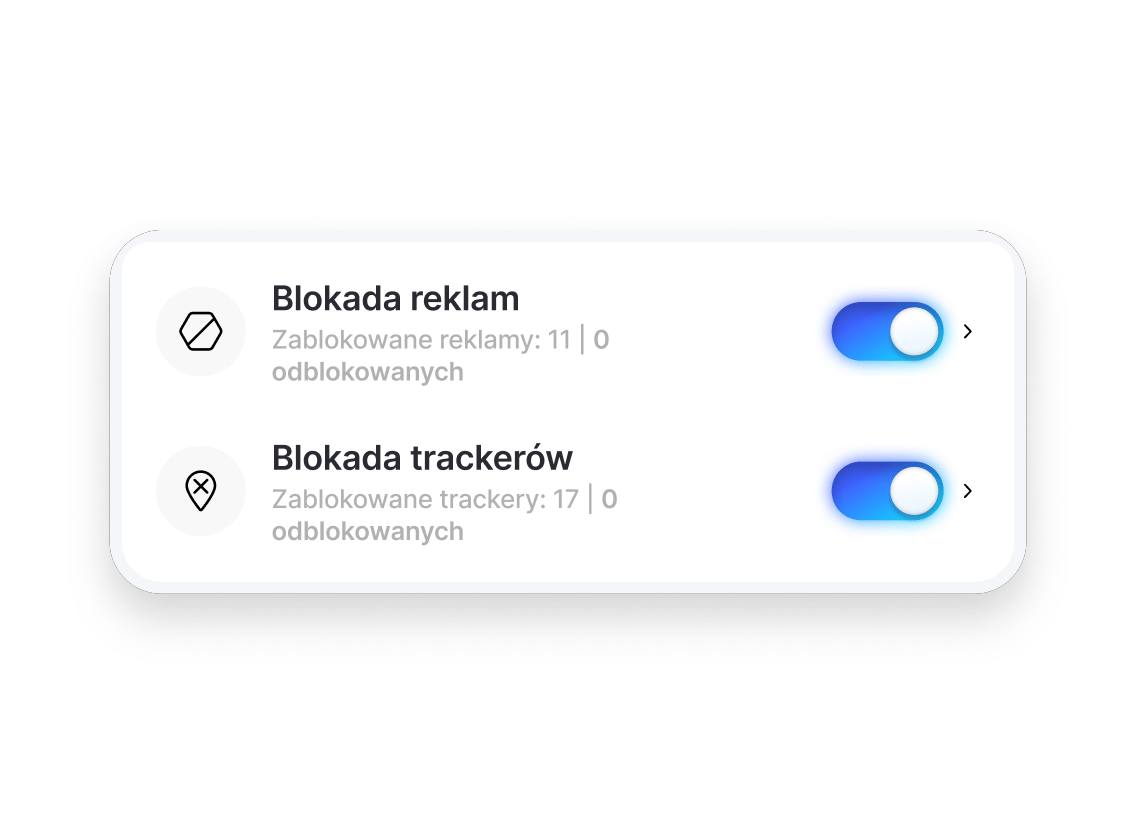 Funkcje blokowania reklam i trackerów włączone w panelu nowoczesnego antywirusa NordVPN.