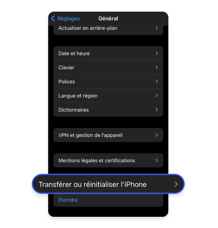 Cliquer sur transférer ou réinitialiser l&#39;iPhone