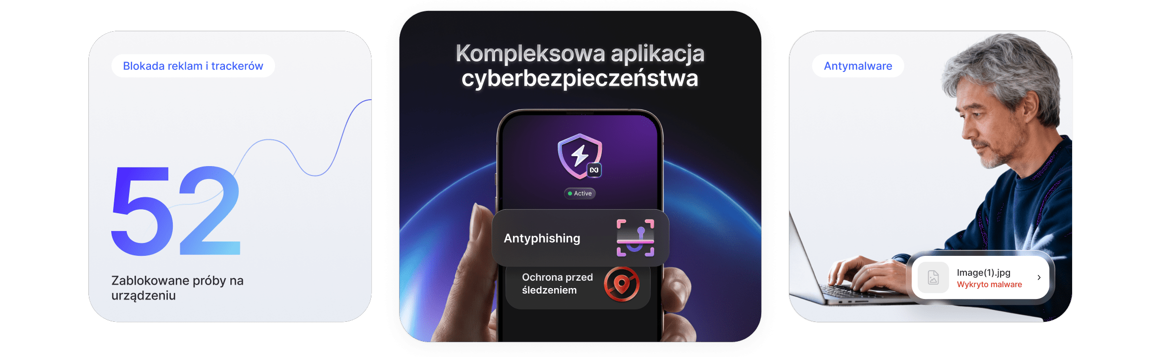 Elementy wizualne przedstawiające funkcje nowoczesnego antywirusa NordVPN: antymalware oraz zapobieganie oszustwom i śledzeniu.