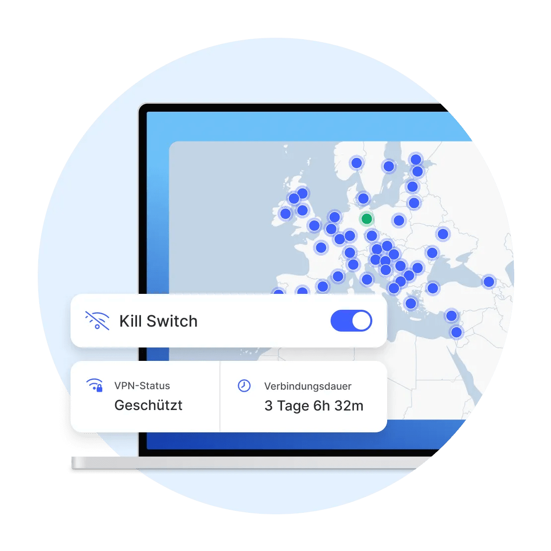 Der Bildschirm eines Laptops zeigt eine sichere Verbindung zu einem VPN-Server in Deutschland, der durch Kill Switch geschützt ist.