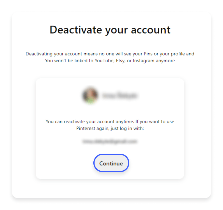 deactivate pinterest account web continue